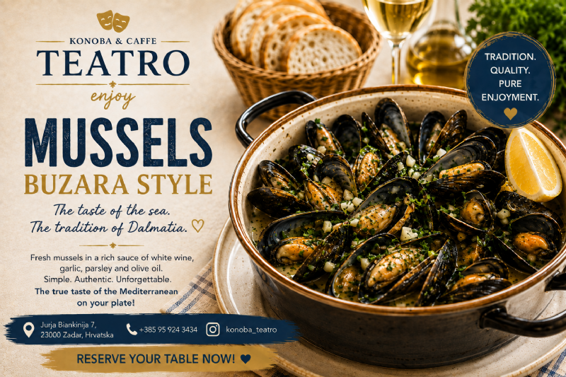 Buzara-style mussels – fresh Adriatic flavors, Dalmatian tradition and a true Mediterranean feast at Konoba Teatro in Zadar